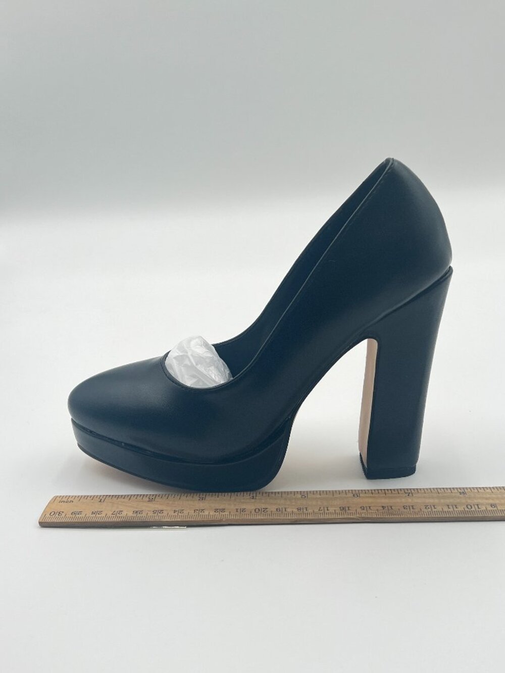 miss left Black Low Platform Chunky High Heel Slip On Closed Round Toe Pump